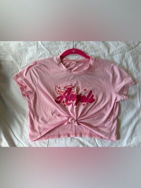 ROMWE Light Pink Cropped Graphic Tee with Knot Detail